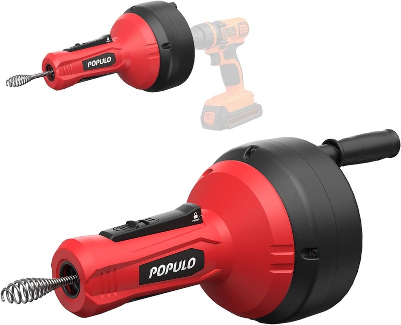 populo Drain Auger, Auto Feed Plumbing Snake Clog Remover for Unclog Sink Drain 3/4"-2" Pipe, 16 Ft Snake Hair Drain Clog Remover Cleaner Tools Manually or Powered for Shower, Bathtub, Kitchen, Sink - Image 1